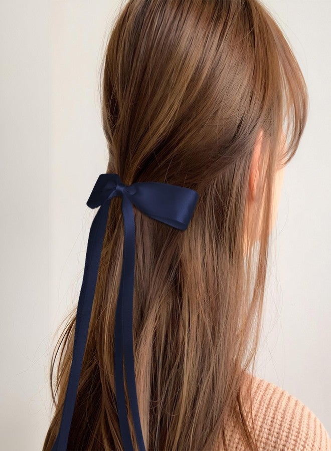 TULOBI 9.8in Navy Blue Tassel Ribbon Bow Hair Clips with Long Tail for Women Solid Satin Polyester Hair Bows Alligator Barrettes Clips For Girls Thick Fine Hair Decor Accessories - Image 4